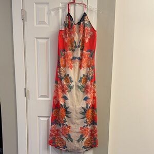 Fashion Nova Orange and Cream Floral Halter-Style Maxi Dress